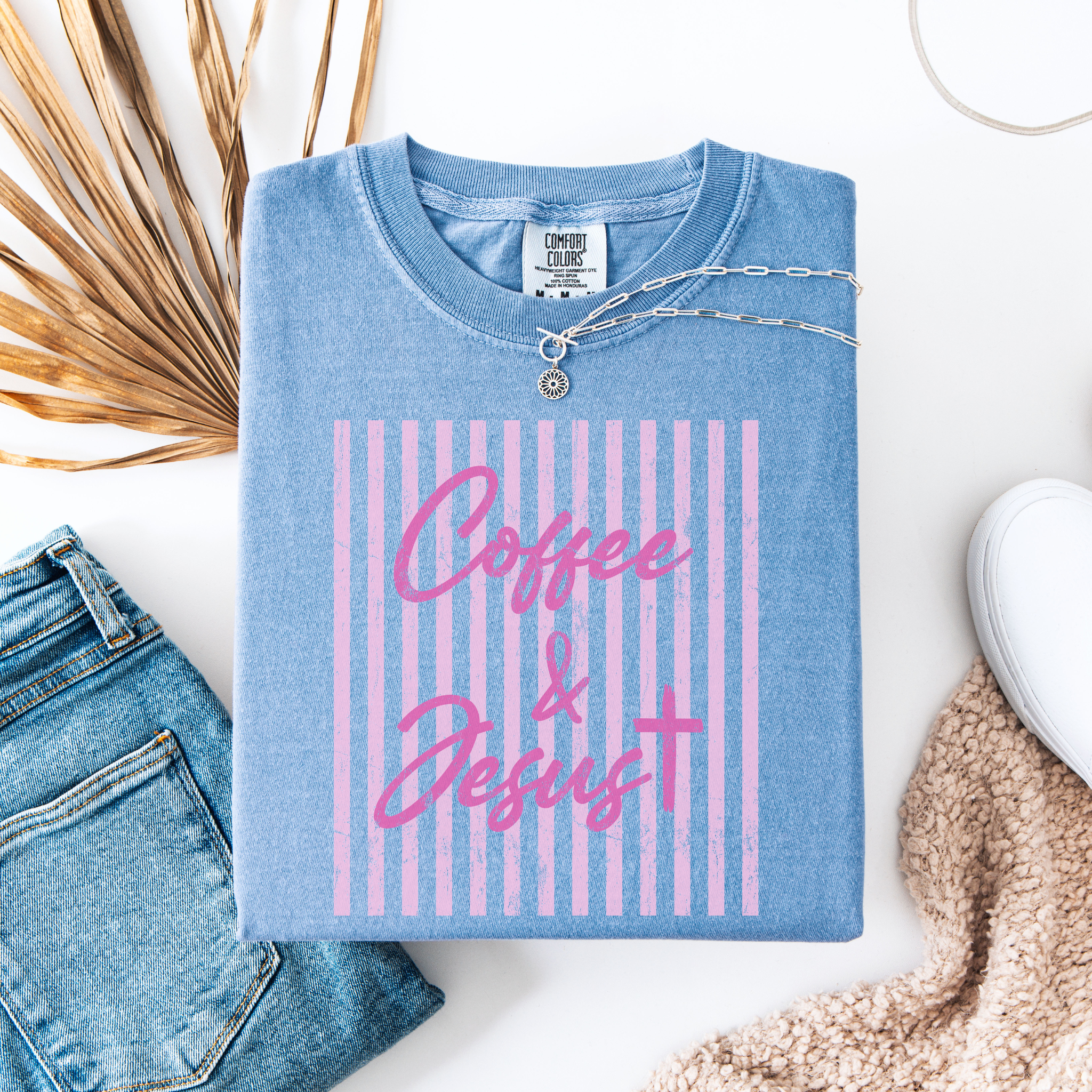 Coffee & Jesus T‑Shirt — Pink Striped Christian Graphic Tee