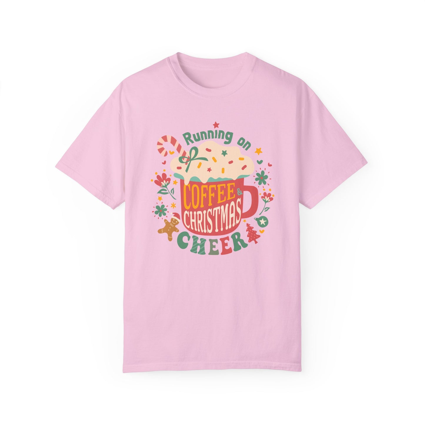 Comfort Colors Women's Christmas T-Shirt - Running on Coffee & Christmas Cheer - Boho Retro Holiday Style