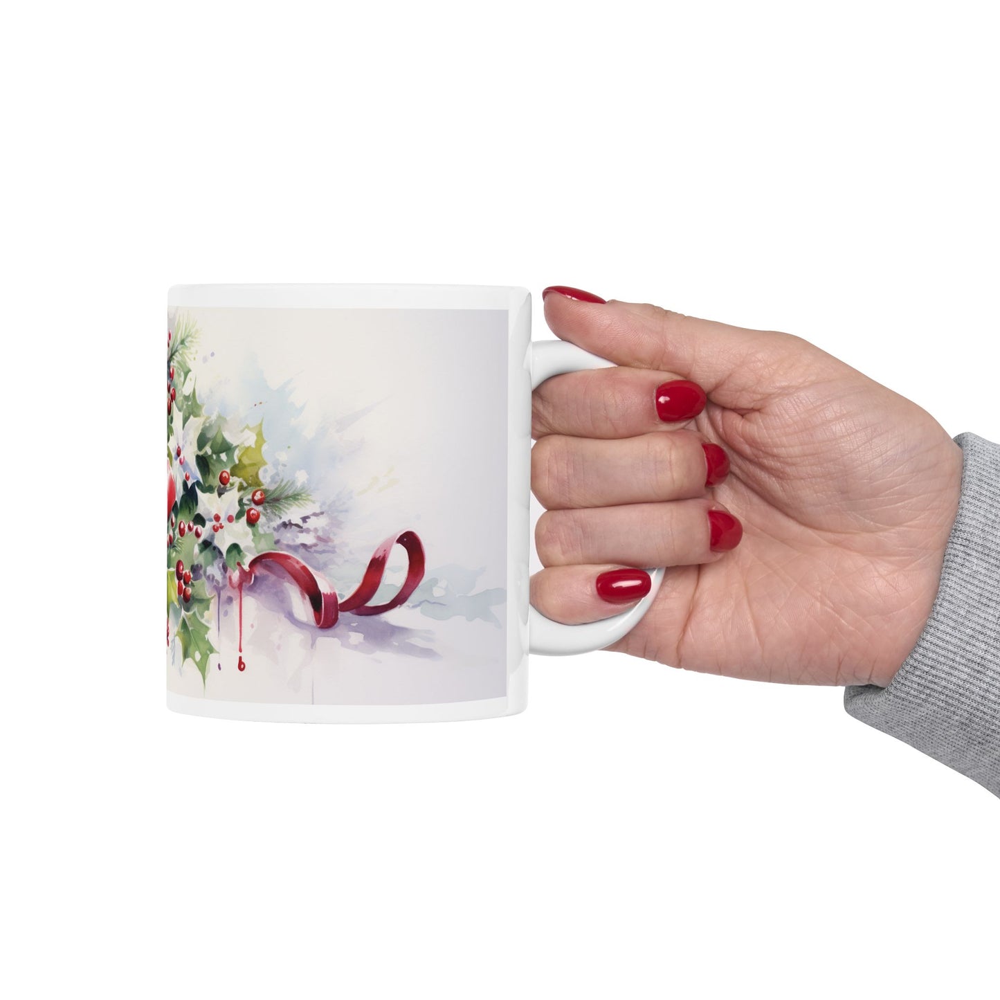 Christmas Watercolor Holly Bell Coffee Mug Festive Holiday Design