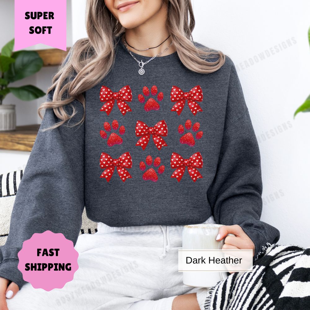 Paw Print Valentine's Day Sweatshirt, Bows and Hearts Women's Crewneck, Gift for Dog Lovers