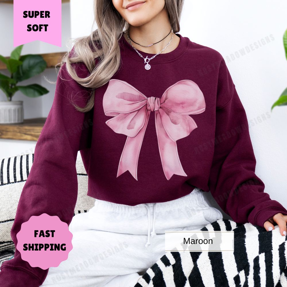 Big Pink Bow Sweatshirt Cute Holiday Crewneck Cozy Winter Pullover Womens Christmas Shirt Festive Bow Graphic Sweater Gift for Her