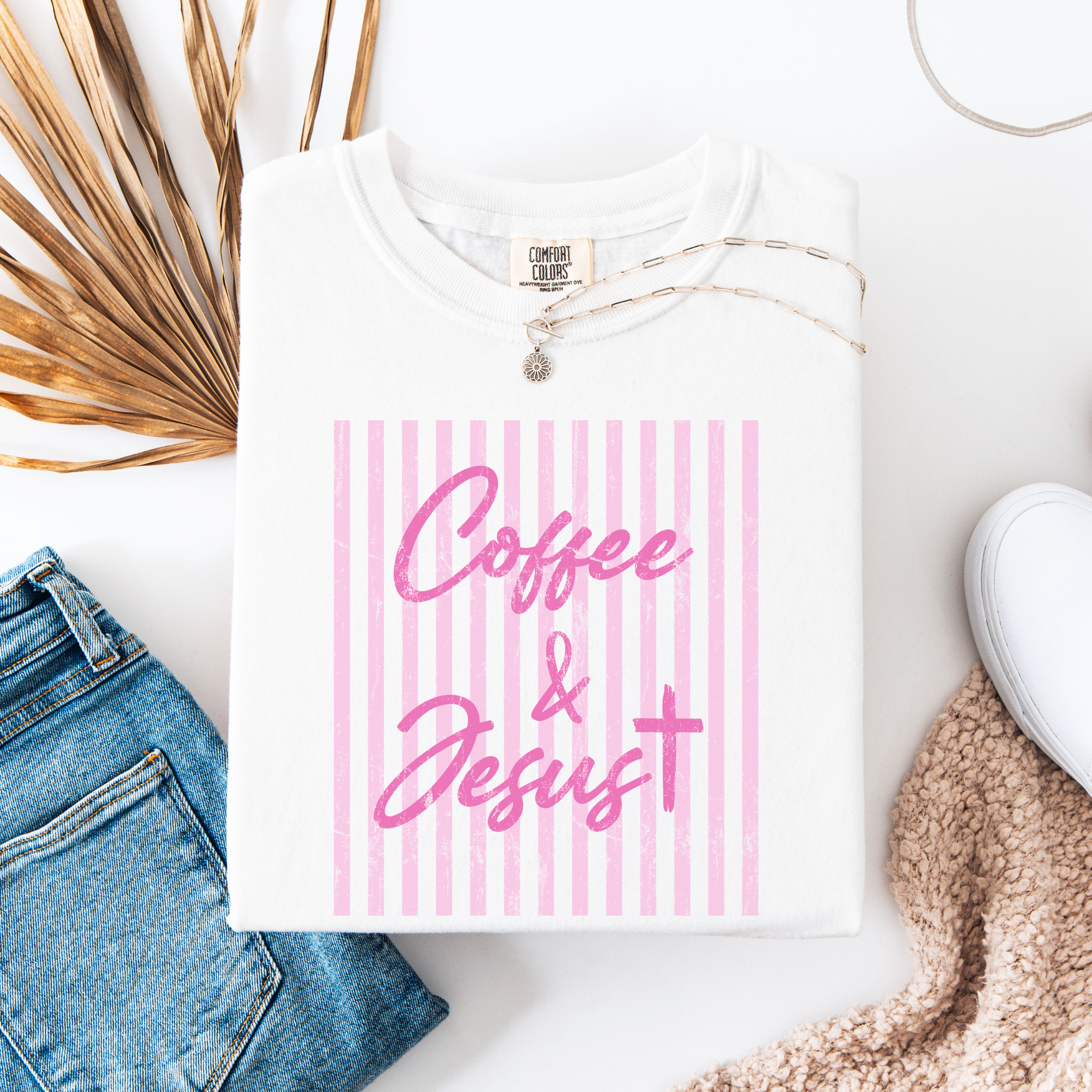 Coffee & Jesus T‑Shirt — Pink Striped Christian Graphic Tee