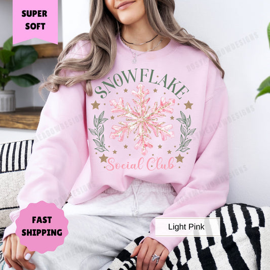 Snowflake Social Club Sweatshirt Cozy Winter Pullover Cute Christmas Crewneck Holiday Snowflake Graphic Sweater Womens Winter Shirt