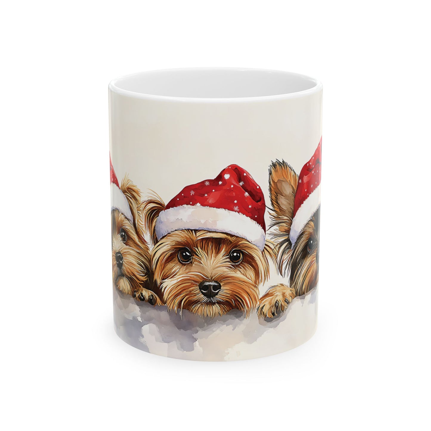 Yorkie Puppies Christmas Mug – Cute Santa Hat Holiday Design, Perfect for Dog Lovers, Coffee, Tea, or Hot Cocoa