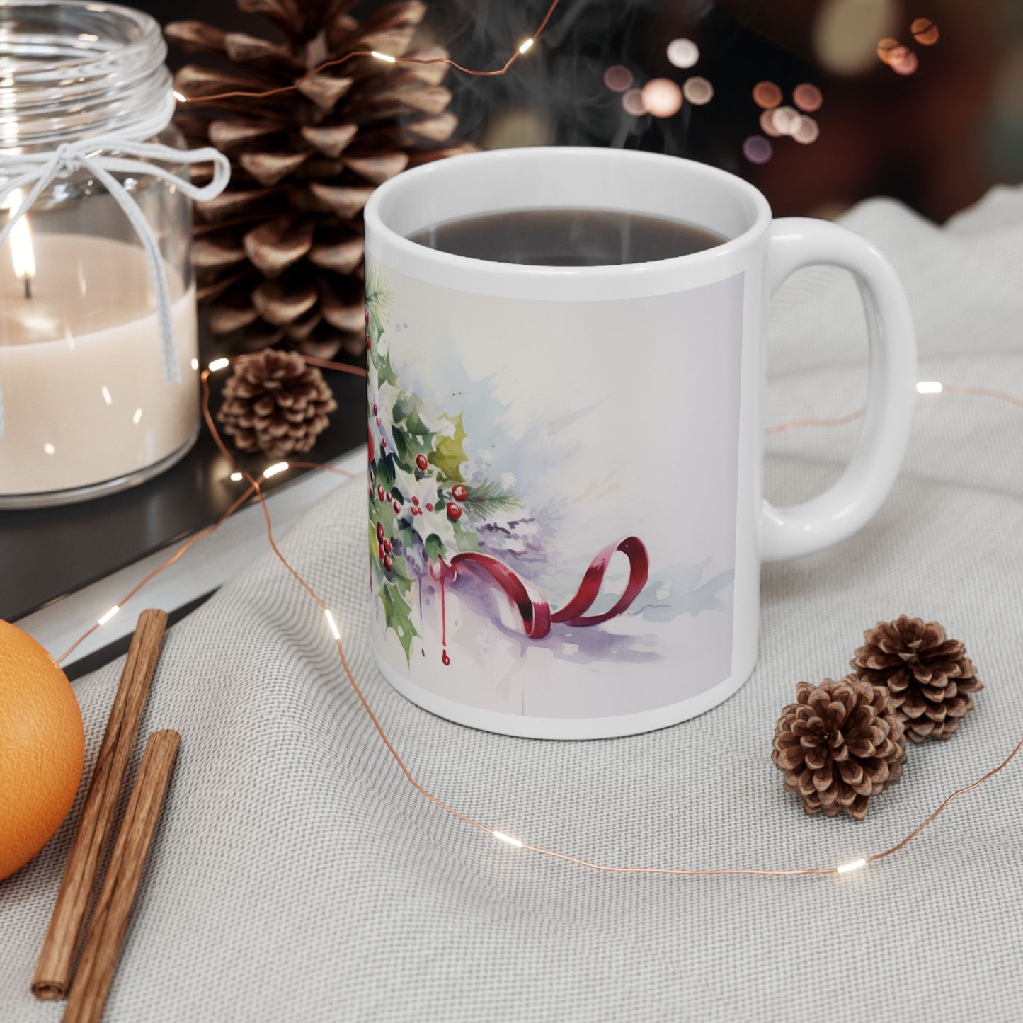 Christmas Watercolor Holly Bell Coffee Mug Festive Holiday Design