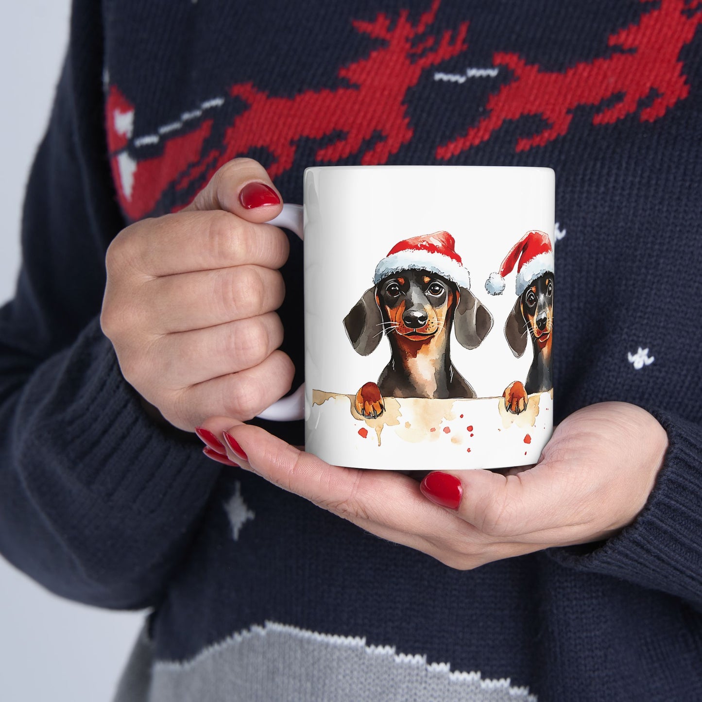 Christmas Dachshund Mug – Adorable Holiday Dog Design with Santa Hat, Perfect for Coffee, Tea, or Hot Cocoa