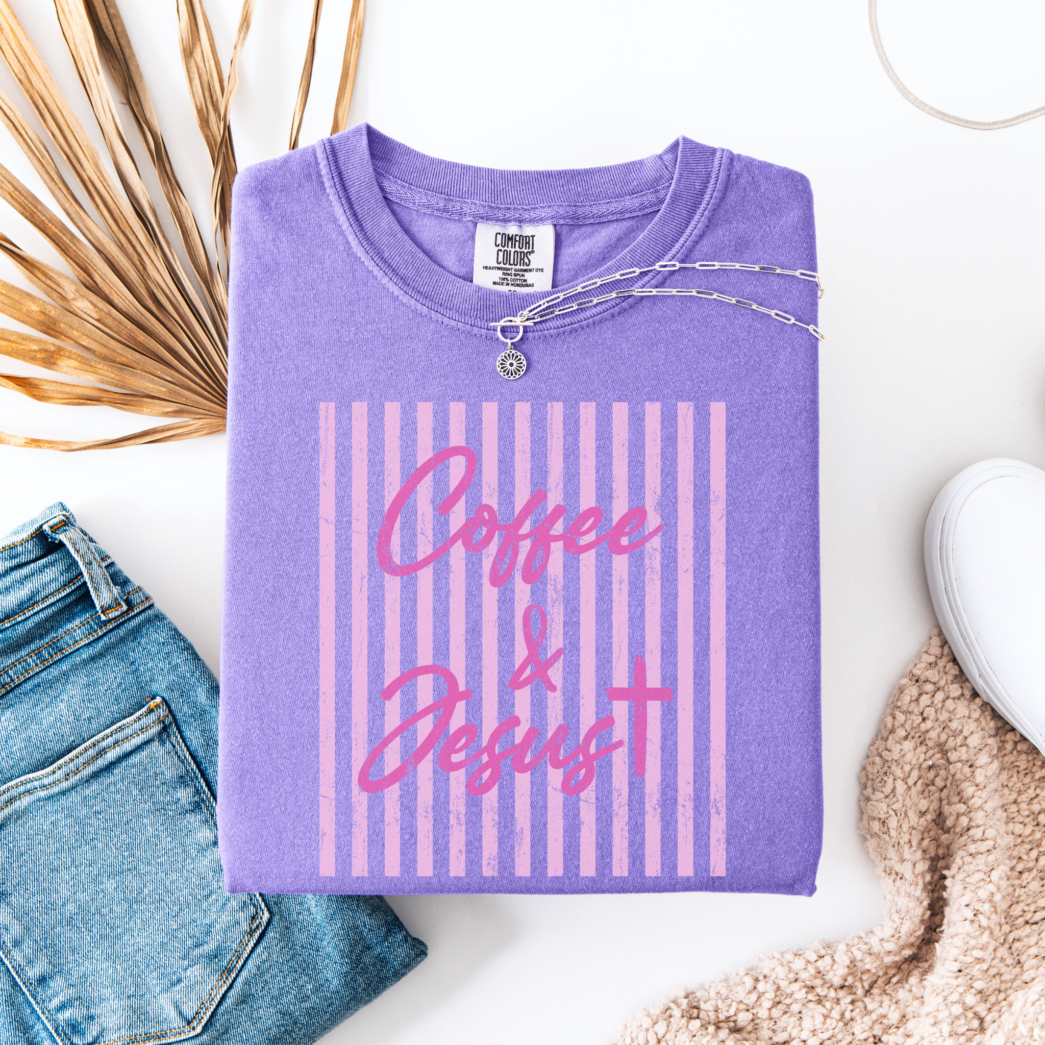 Coffee & Jesus T‑Shirt — Pink Striped Christian Graphic Tee