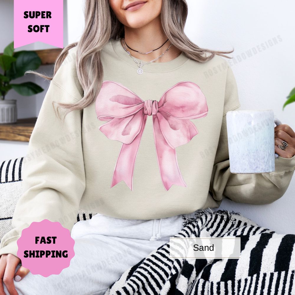 Big Pink Bow Sweatshirt Cute Holiday Crewneck Cozy Winter Pullover Womens Christmas Shirt Festive Bow Graphic Sweater Gift for Her