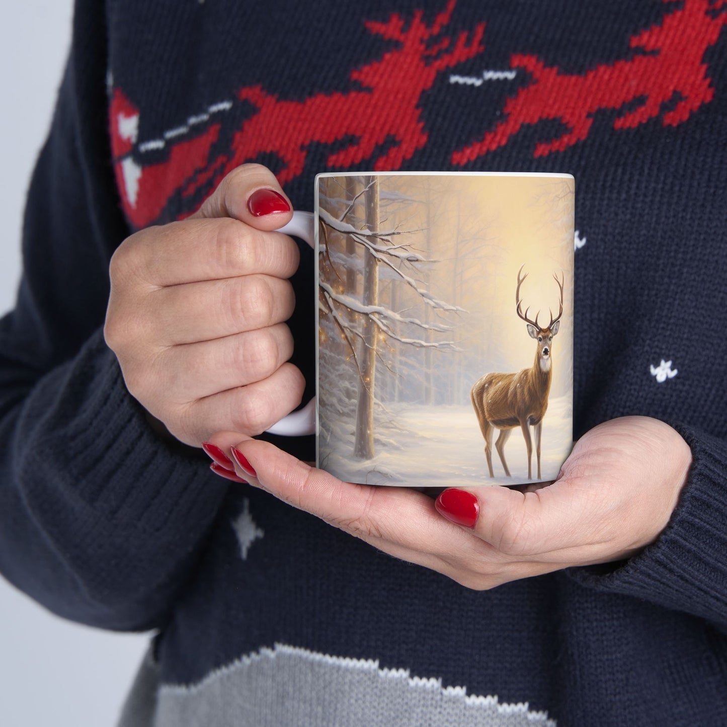 Winter Watercolor Deer Coffee Mug Rustic Forest Scene Design