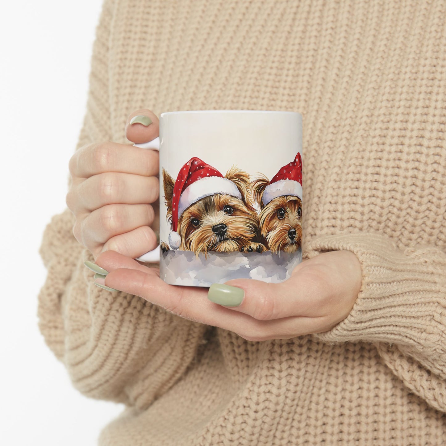 Yorkie Puppies Christmas Mug – Cute Santa Hat Holiday Design, Perfect for Dog Lovers, Coffee, Tea, or Hot Cocoa