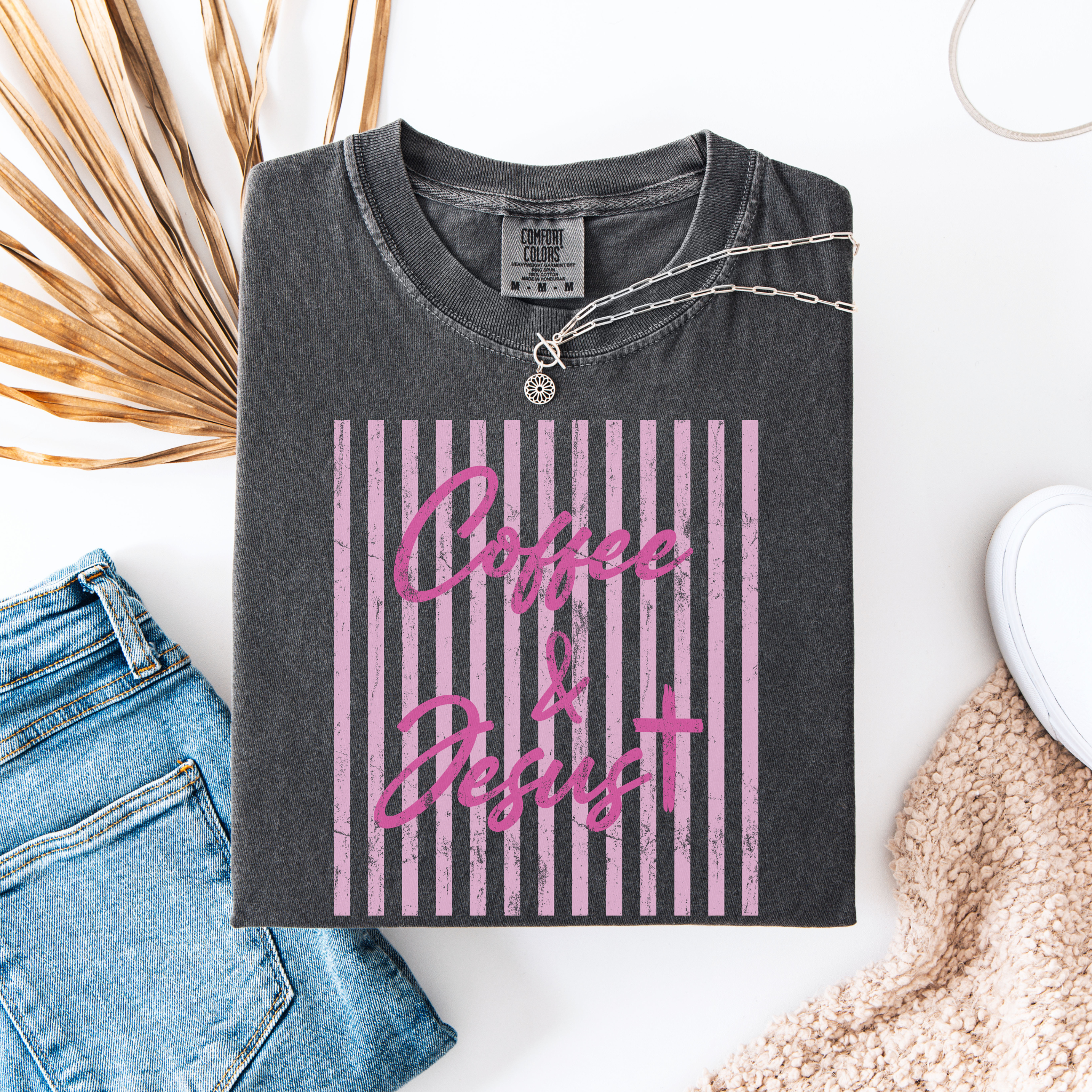 Coffee & Jesus T‑Shirt — Pink Striped Christian Graphic Tee