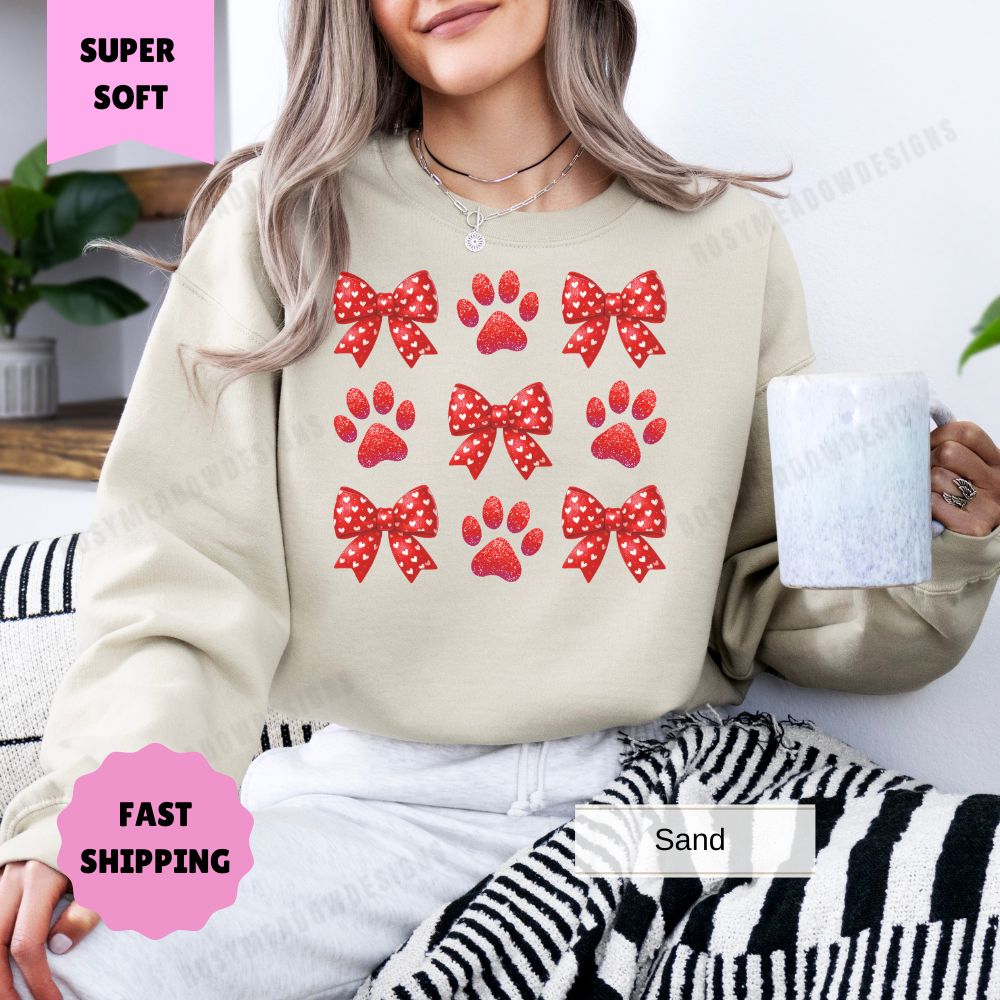 Paw Print Valentine's Day Sweatshirt, Bows and Hearts Women's Crewneck, Gift for Dog Lovers