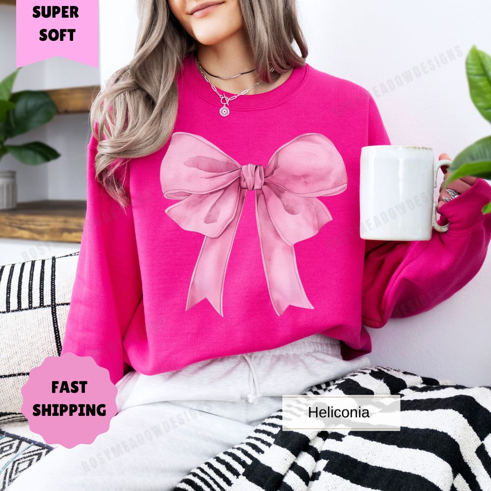 Big Pink Bow Sweatshirt Cute Holiday Crewneck Cozy Winter Pullover Womens Christmas Shirt Festive Bow Graphic Sweater Gift for Her