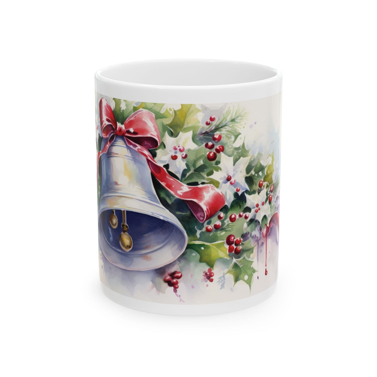 Christmas Watercolor Holly Bell Coffee Mug Festive Holiday Design