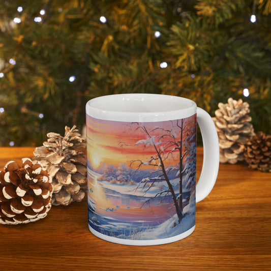 Magical Winter Watercolor Coffee Mug Serene Sunrise Scene Design