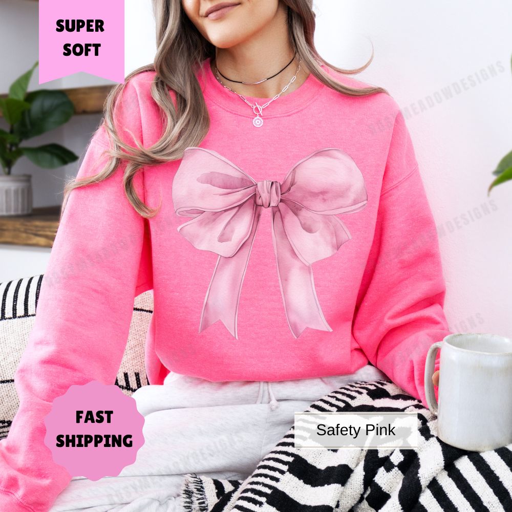 Big Pink Bow Sweatshirt Cute Holiday Crewneck Cozy Winter Pullover Womens Christmas Shirt Festive Bow Graphic Sweater Gift for Her