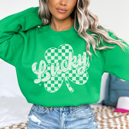 Checkerboard Shamrock Lucky Crewneck Sweatshirt