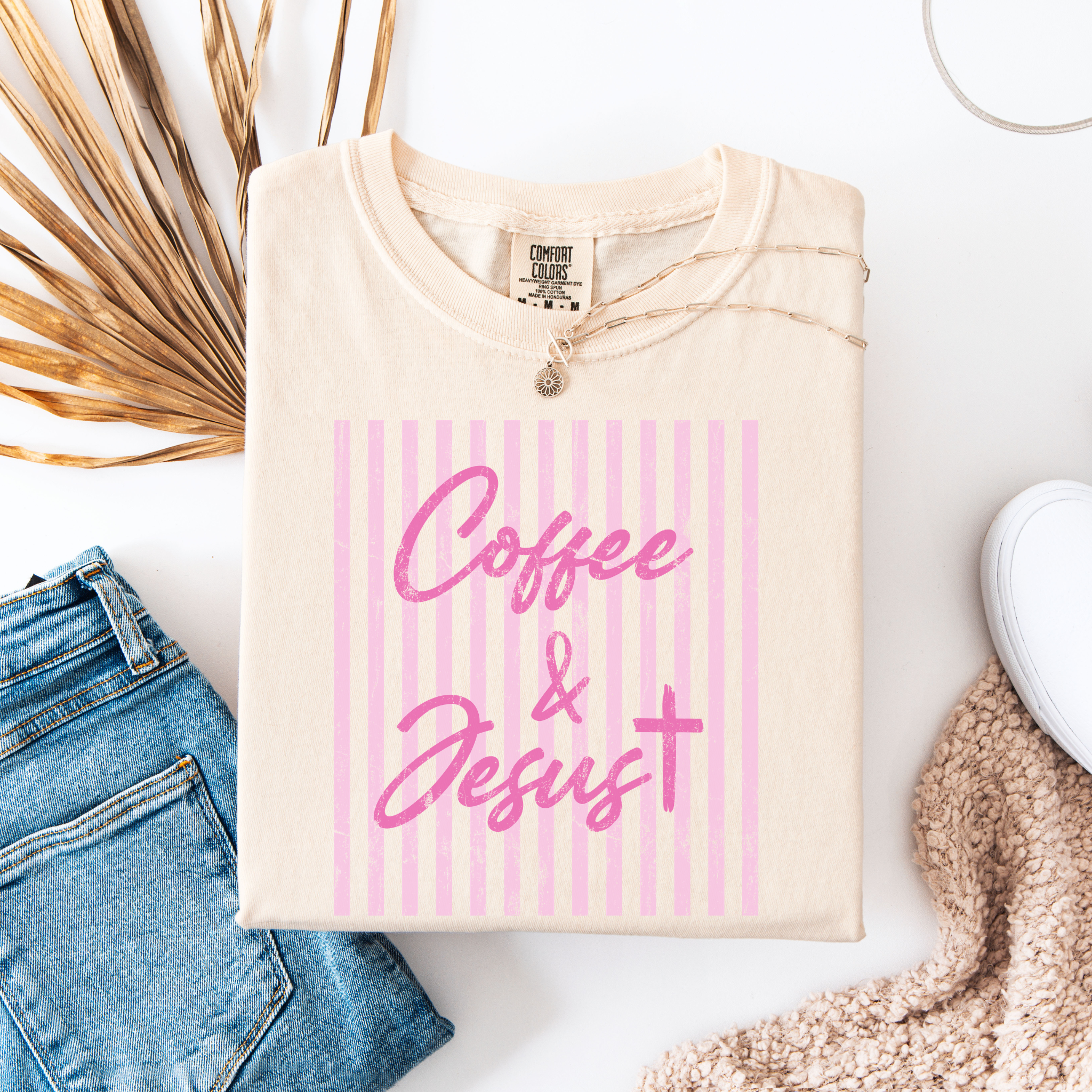 Coffee & Jesus T‑Shirt — Pink Striped Christian Graphic Tee