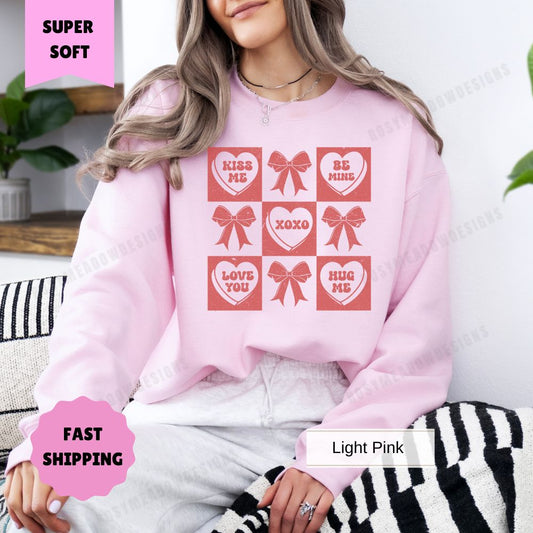 Coquette Valentine's Day Sweatshirt, Bows and Candy Hearts Women's Crewneck, Cute Gift for Her