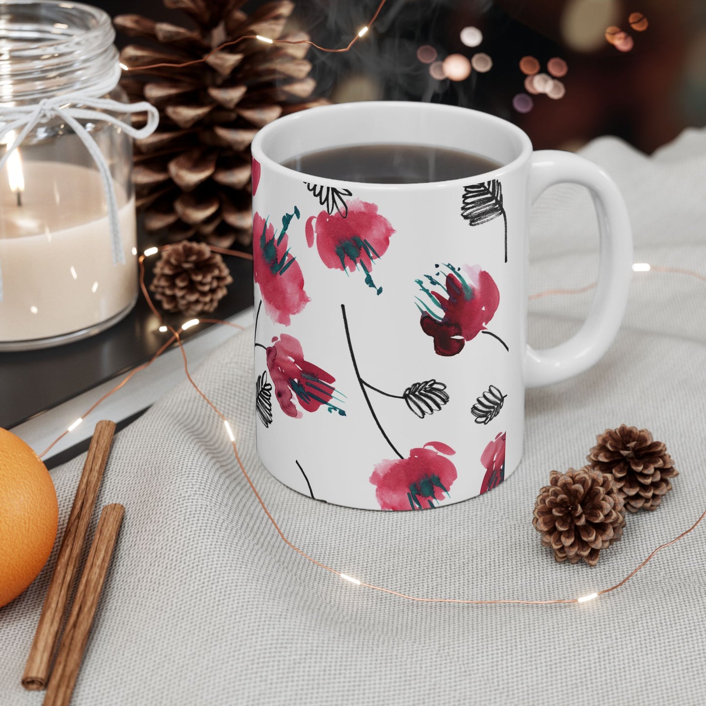 Watercolor Red Floral Coffee Mug Flowers Design