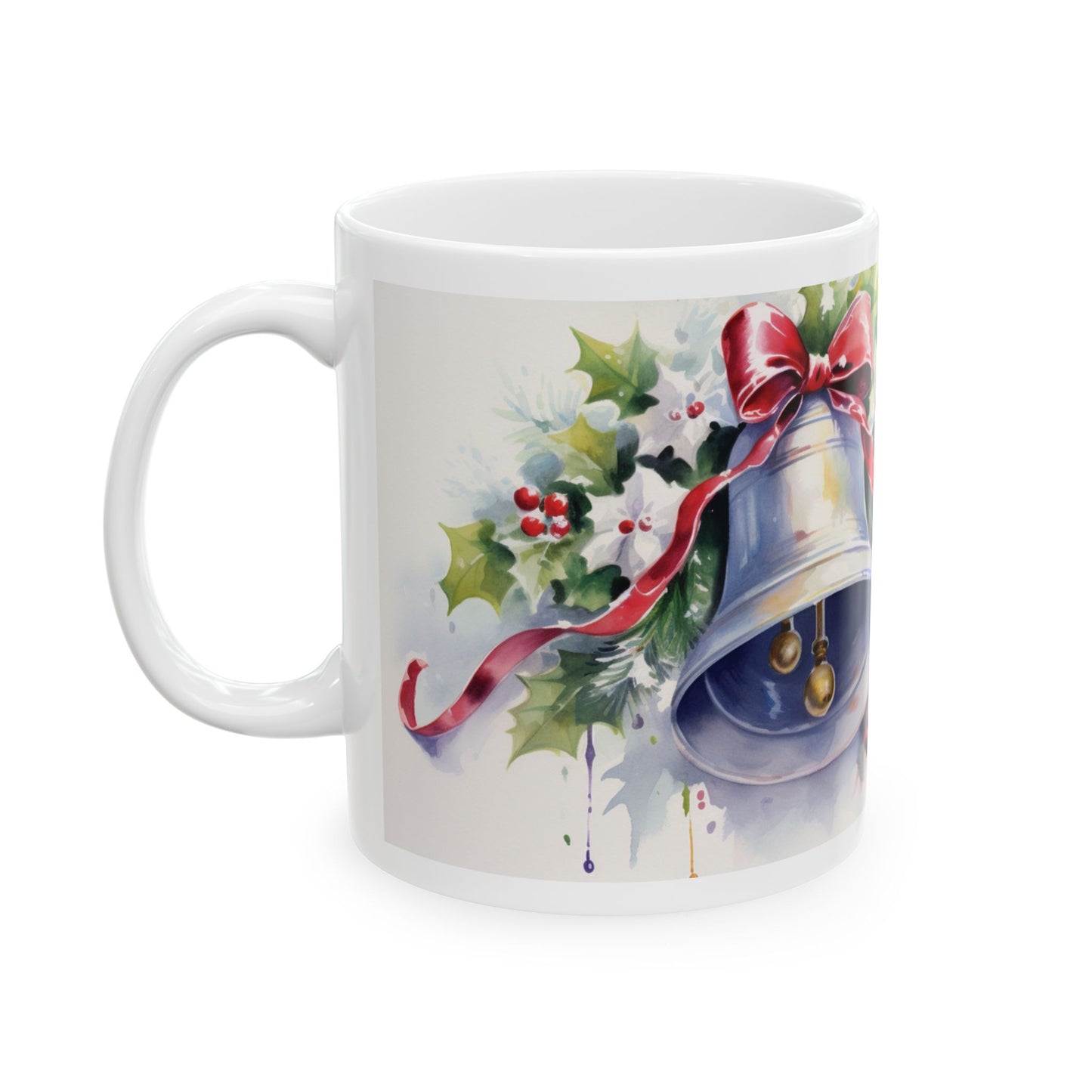 Christmas Watercolor Holly Bell Coffee Mug Festive Holiday Design