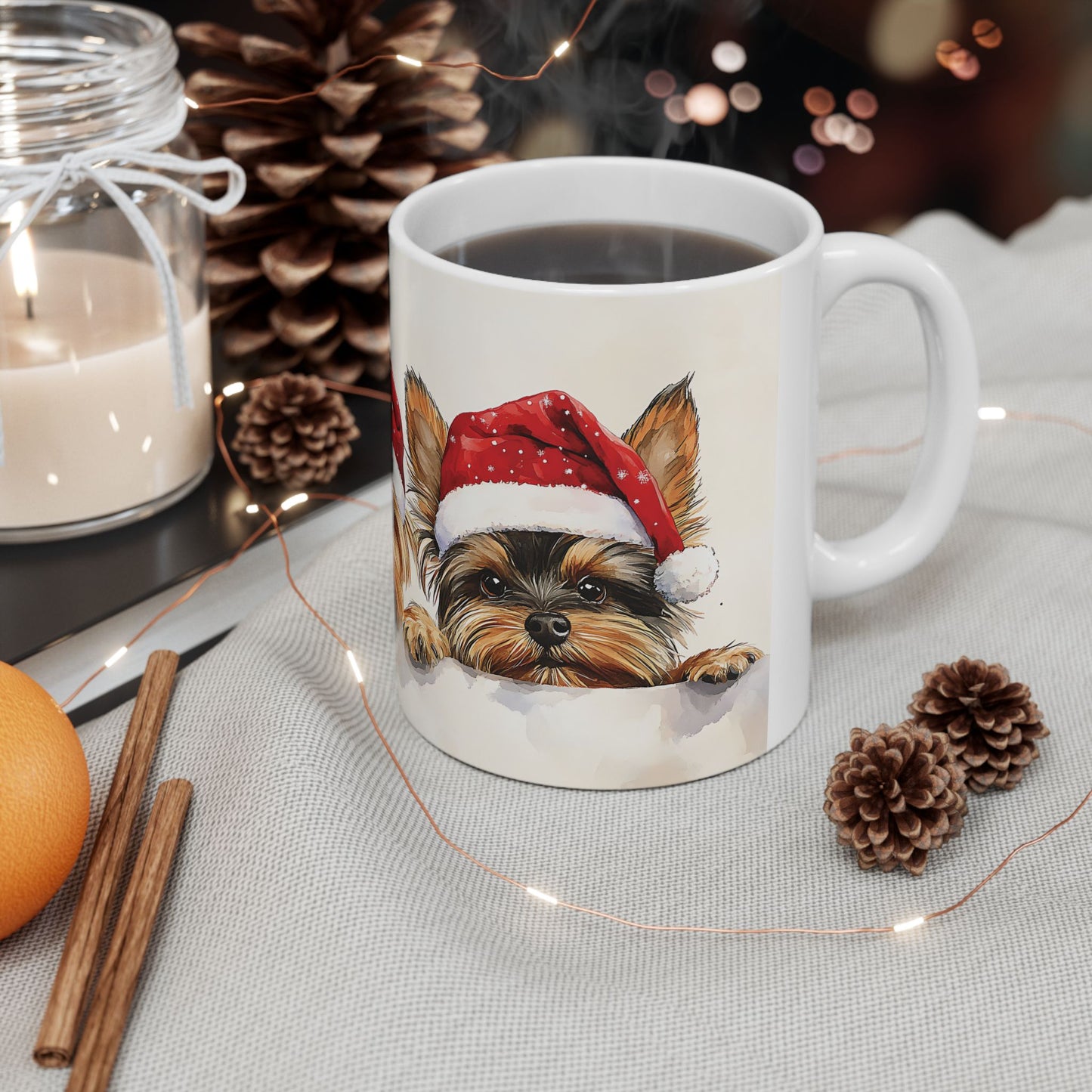 Yorkie Puppies Christmas Mug – Cute Santa Hat Holiday Design, Perfect for Dog Lovers, Coffee, Tea, or Hot Cocoa