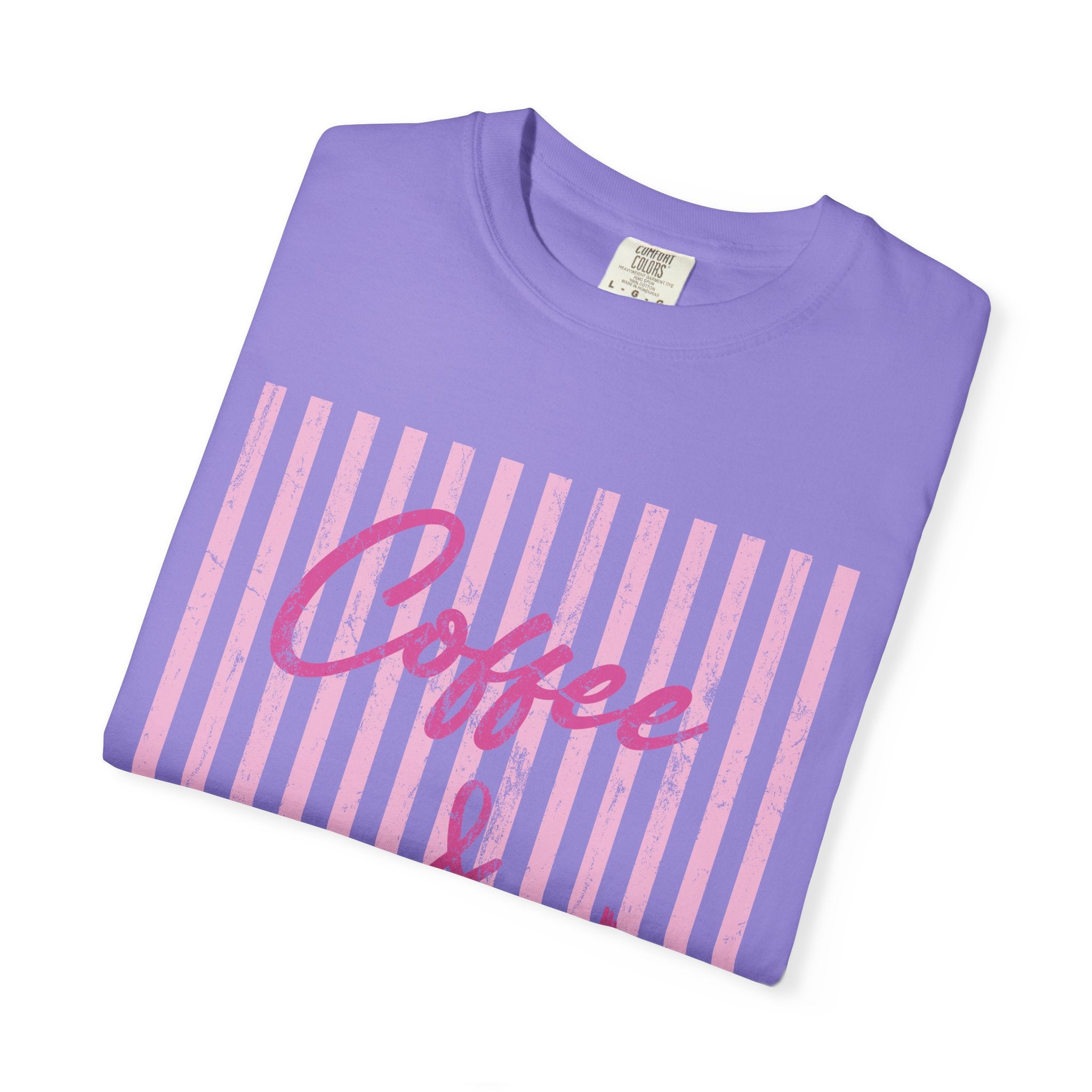 Coffee & Jesus T‑Shirt — Pink Striped Christian Graphic Tee