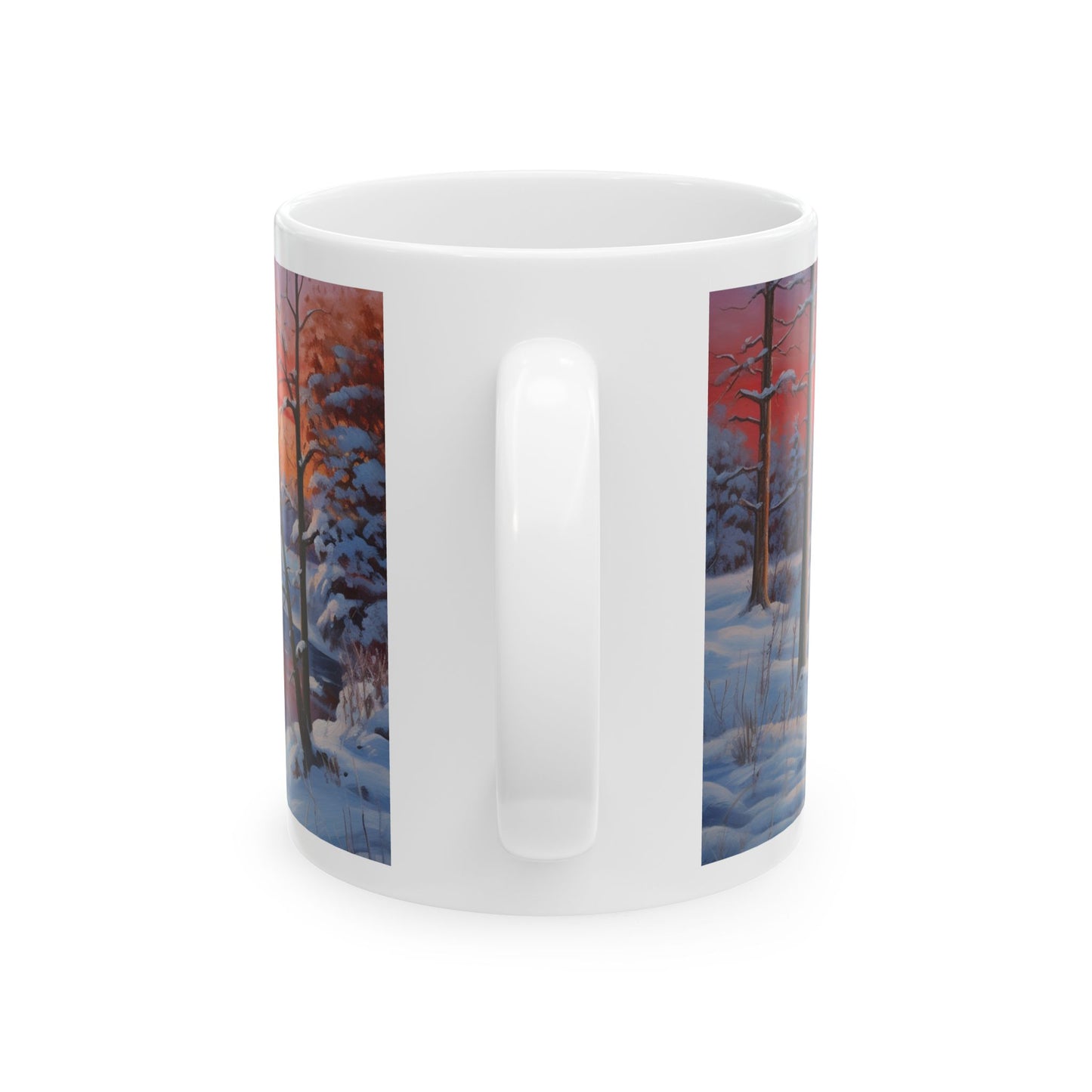 Magical Winter Watercolor Coffee Mug Serene Sunrise Scene Design