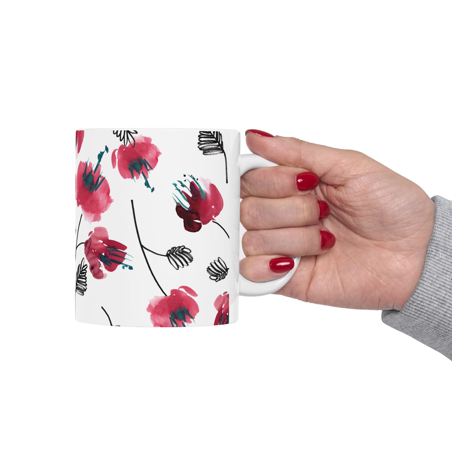 Watercolor Red Floral Coffee Mug Flowers Design