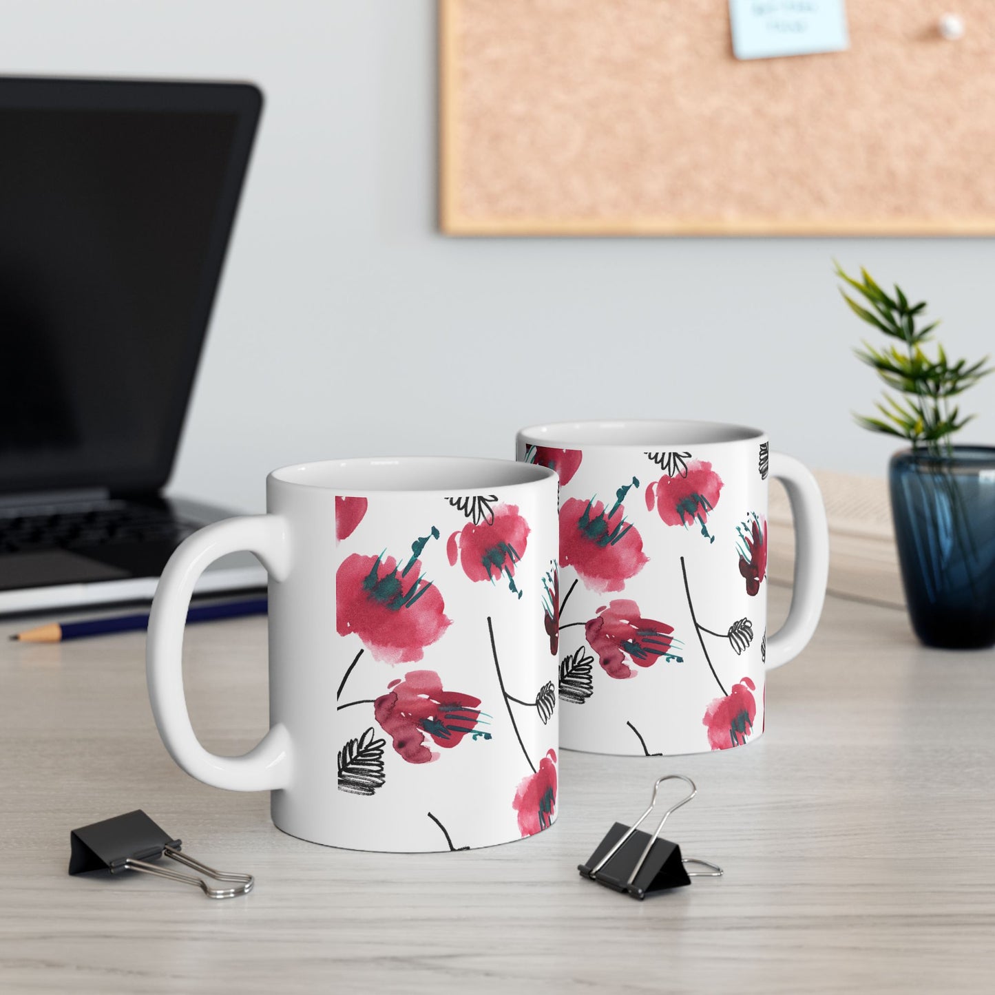 Watercolor Red Floral Coffee Mug Flowers Design