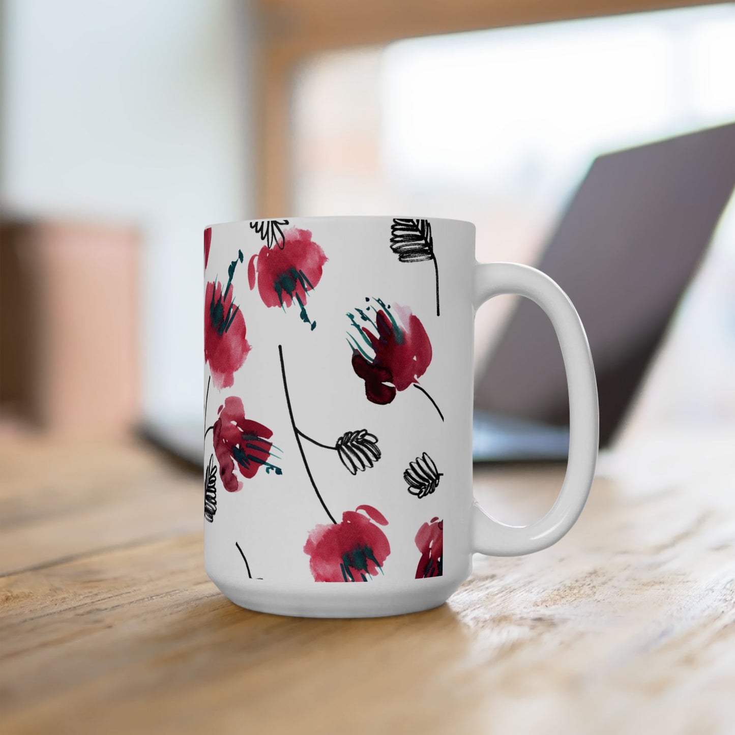 Watercolor Red Floral Coffee Mug Flowers Design