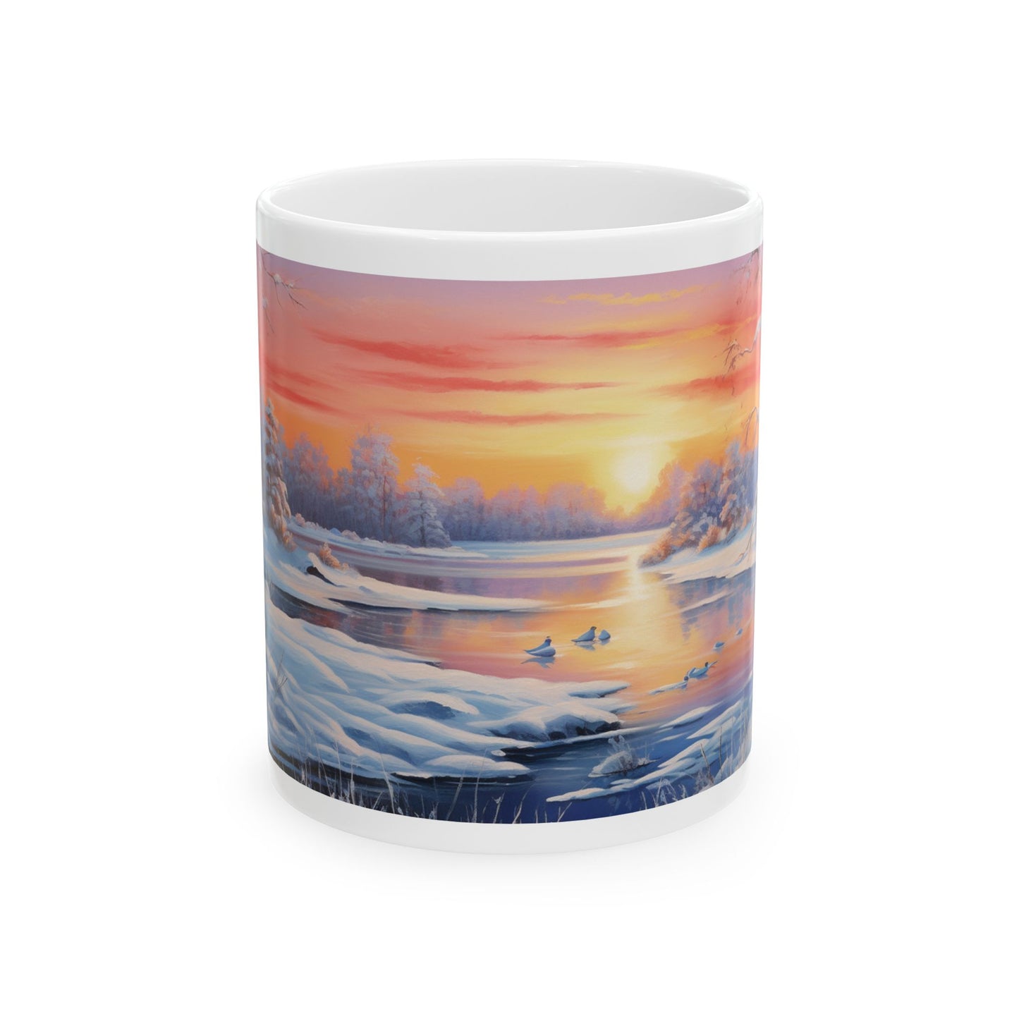 Magical Winter Watercolor Coffee Mug Serene Sunrise Scene Design