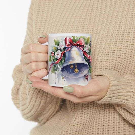 Christmas Watercolor Holly Bell Coffee Mug Festive Holiday Design